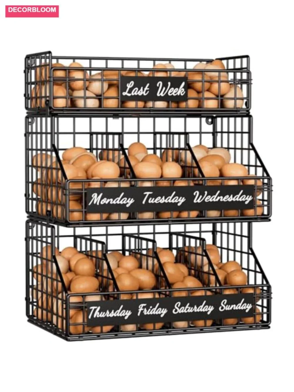 3 Tier Stackable Egg Holder with Dividers & Labels, Wall Mountable Carbon Steel